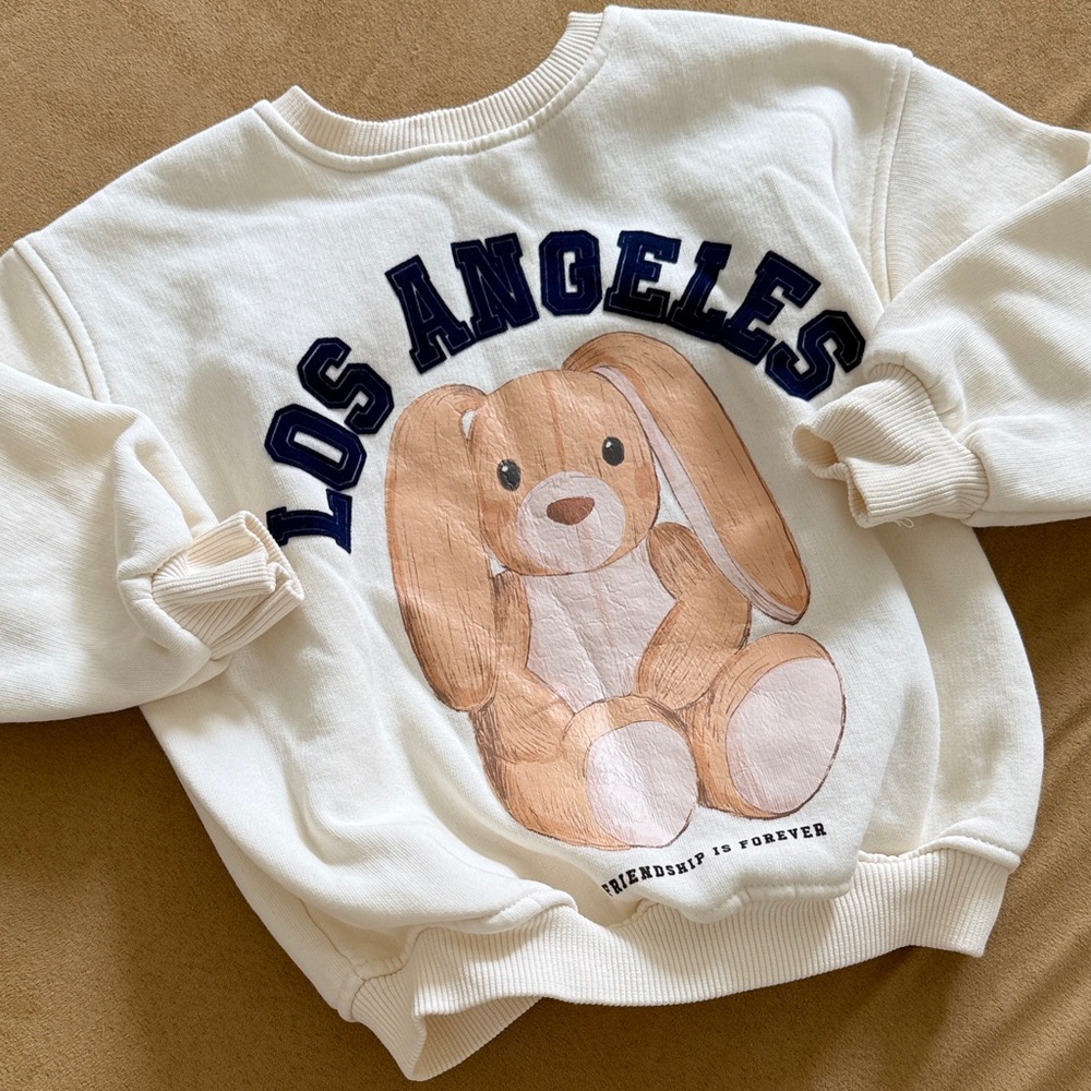 Zara Cream Sweatshirt with Brown Bunny and Navy Los Angeles Applique